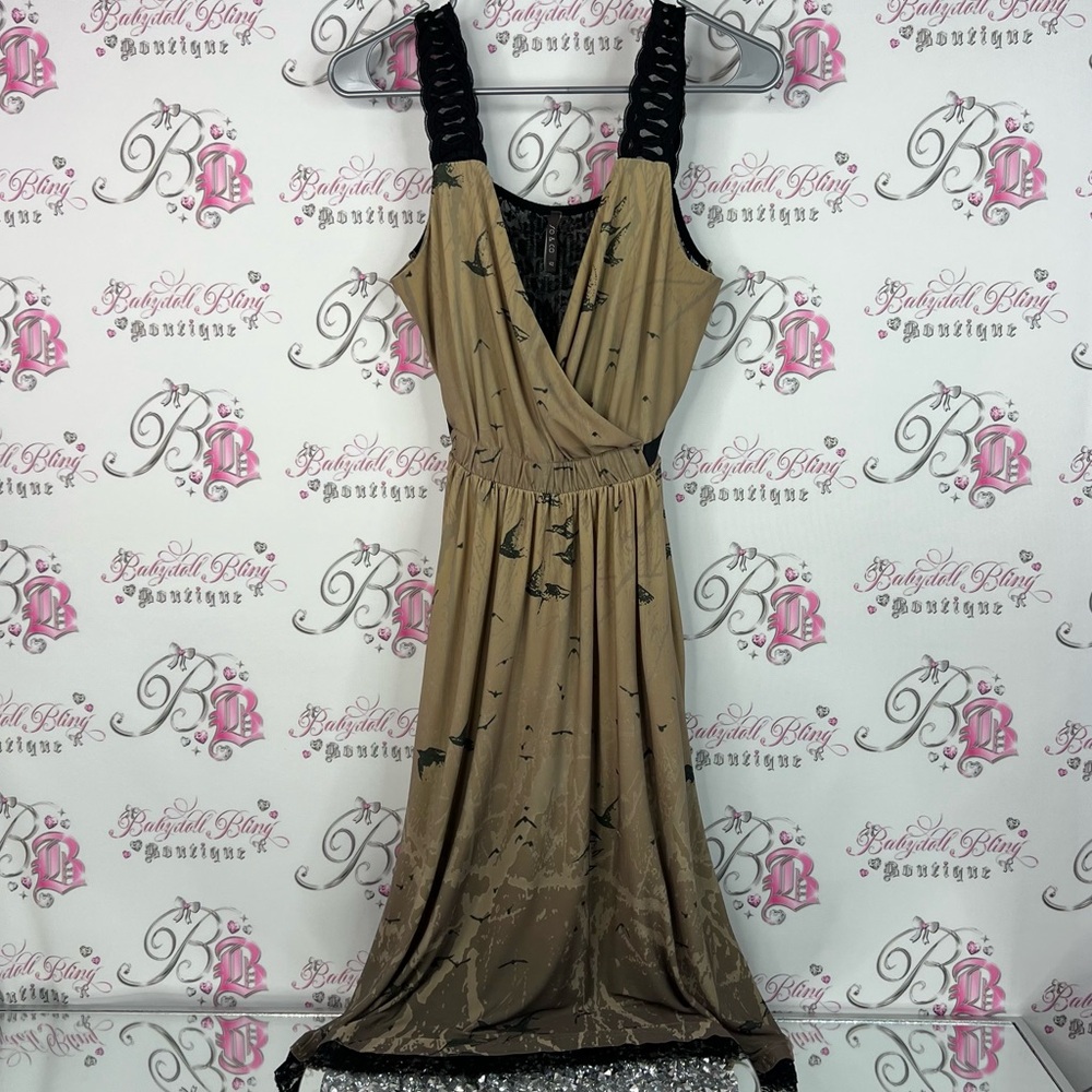 So & co dress tie up ribbon belt Chic Tan Maxi Dress with Black Details birds